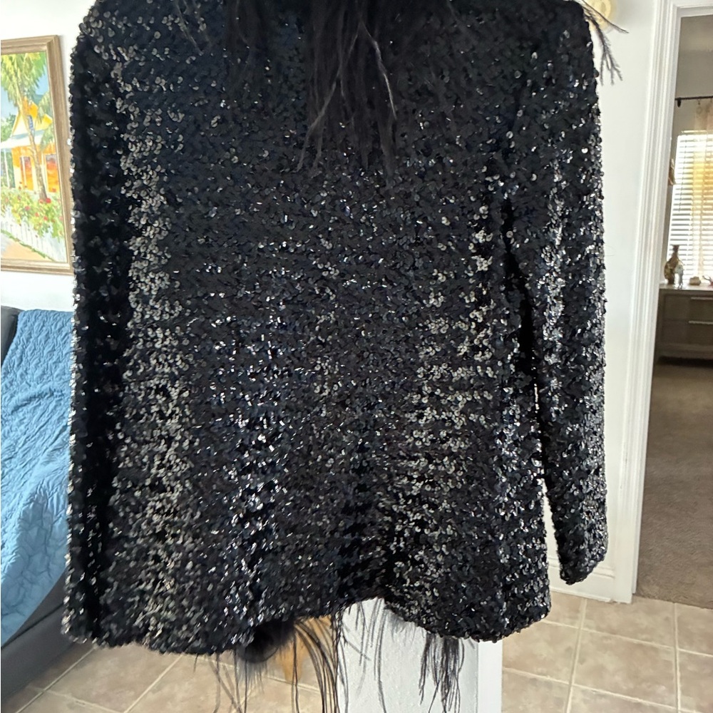 Black Sequin & Feather Statement Jacket - image 5